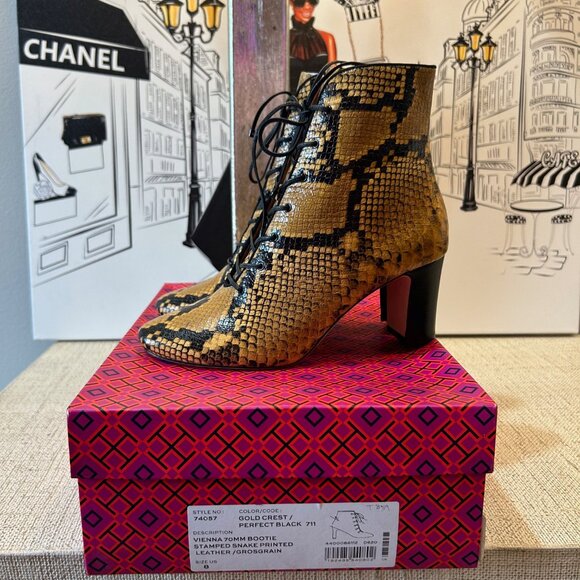 Tory Burch Vienna 70mm Stamp Snake Printed Leather/ Grosgrain Bootie NIB - Picture 3 of 10